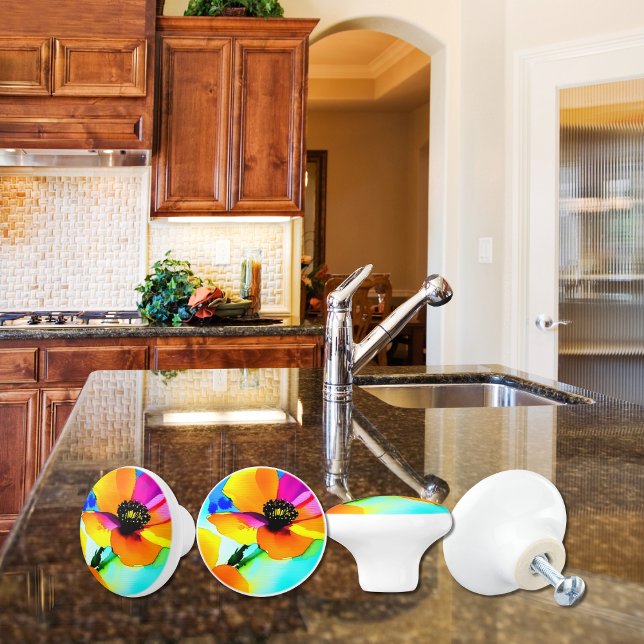 Floral California Poppies Wildflowers Orange Pink  Ceramic Knob (Watercolor floral cabinet knobs pulls with bright California Poppies in orange, pink, yellow, blue.)