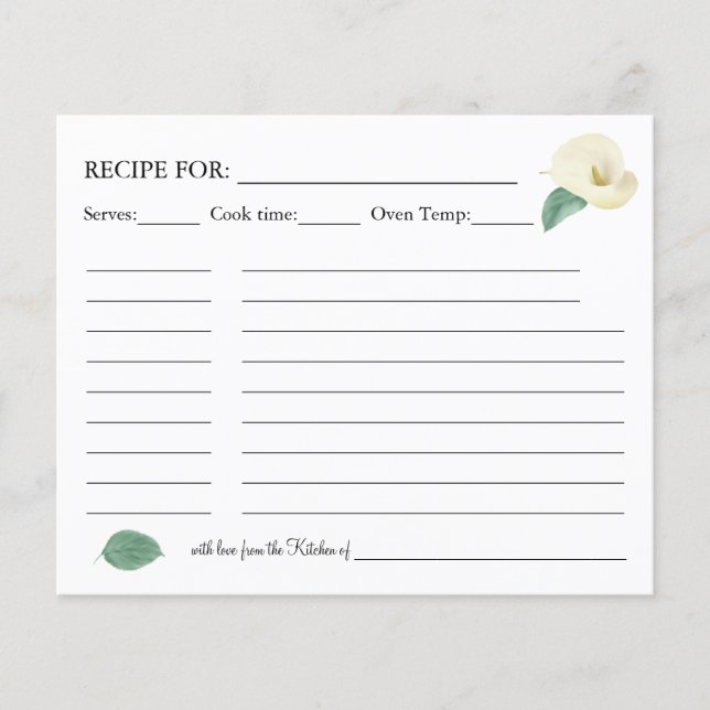 Floral Calla Lilies Greenery Recipe Card (Front)