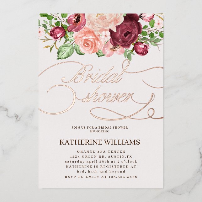 floral calligraphy bridal shower foil invitation (Front)