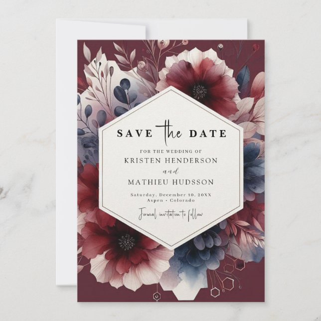 Floral Calligraphy Burgundy Wedding Save The Date (Front)