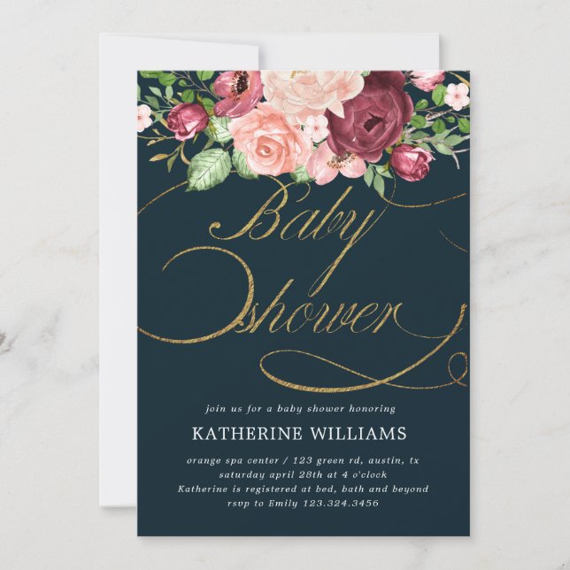 floral calligraphy gold baby shower invitation (Front)