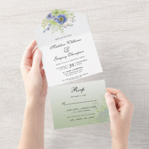Floral Calligraphy Sage Green Moody Blue All In One Invitation