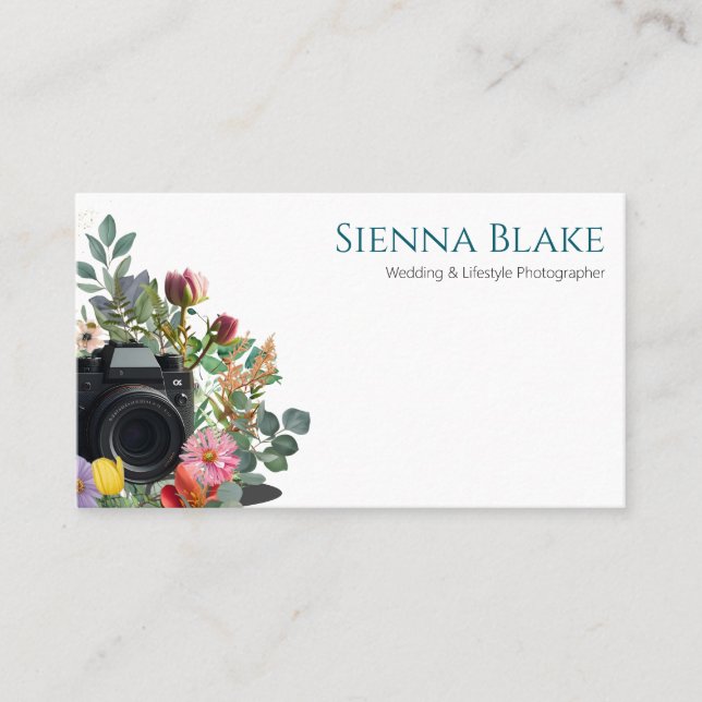Floral Camera Watercolor Wedding Photographer Busi Business Card (Front)