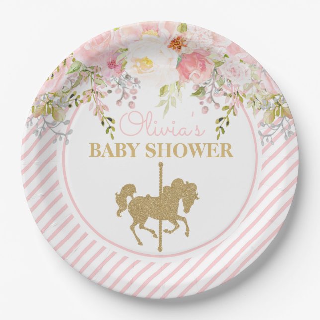 Floral Carousel Merry Go Round Baby Shower Paper Plate (Front)