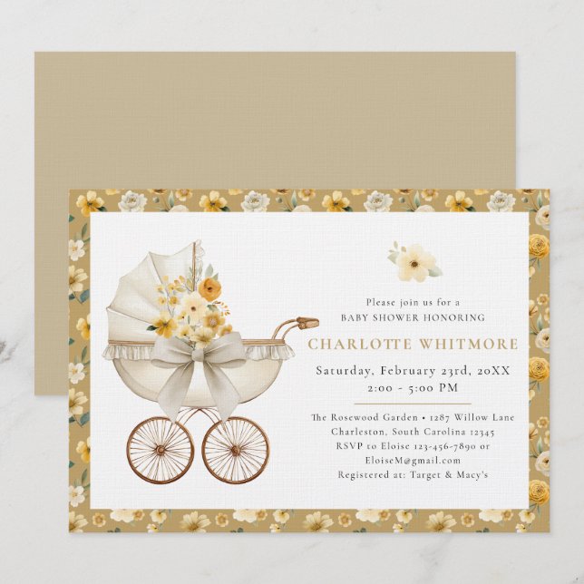 Floral Carriage Beige Baby Shower Invitation (Front/Back)