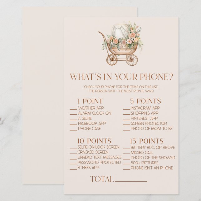 Floral Carriage In Your Phone Baby Shower Game (Front/Back)