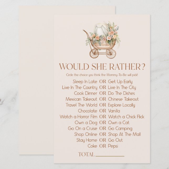 Floral Carriage Would She Rather Baby Shower Game (Front/Back)
