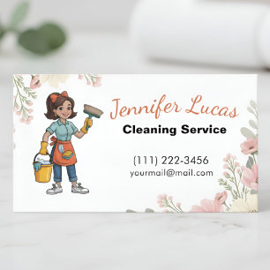 Floral Cartoon Maid House Cleaning Services Business Card