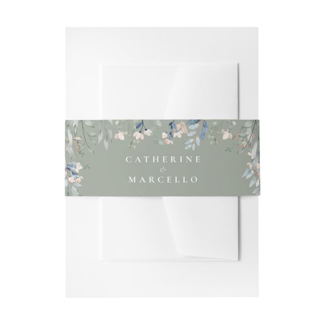 Floral Cascade Modern Sage Green Wedding Invitation Belly Band (Front Example)