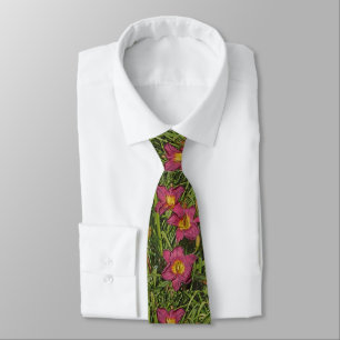 FLORAL/CASCADING LINE OF DARK-PINK COLORED DAYLILI TIE