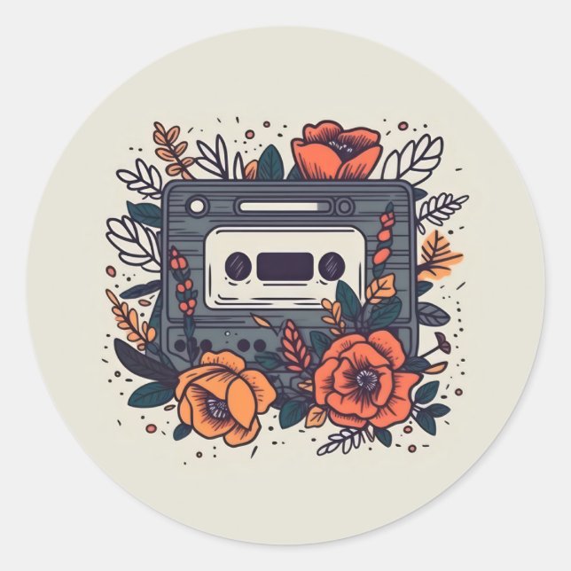 Floral Cassette Tape Classic Round Sticker (Front)