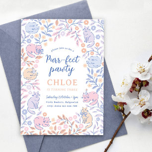 Floral Cat Birthday Invitation, Girls Cat Party  Invitation
