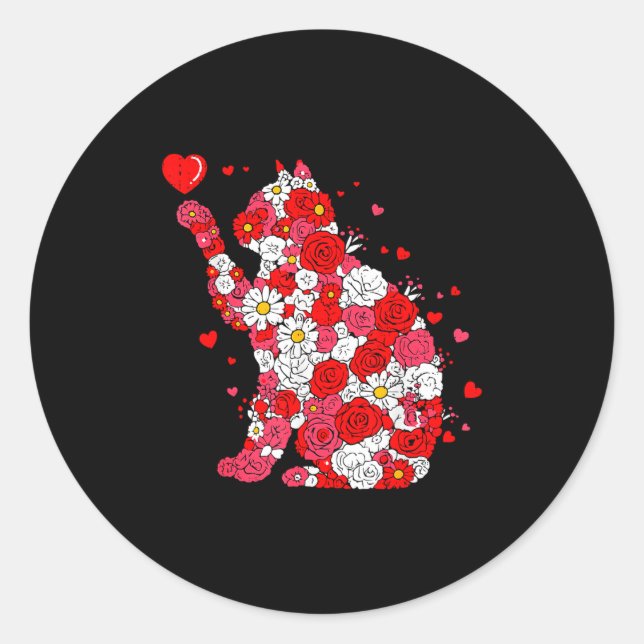 Floral Cat Heart Valentines Day Meow Kitty Kitten  Classic Round Sticker (Front)