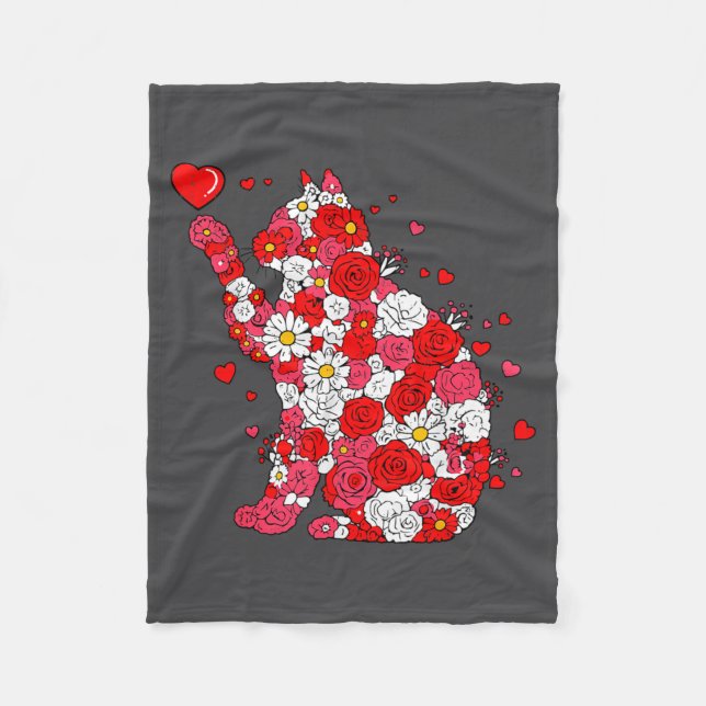 Floral Cat Heart Valentines Day Meow Kitty Kitten  Fleece Blanket (Front)