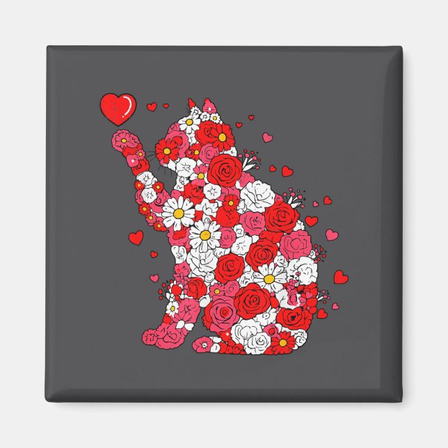 Floral Cat Heart Valentines Day Meow Kitty Kitten  Magnet (Front)