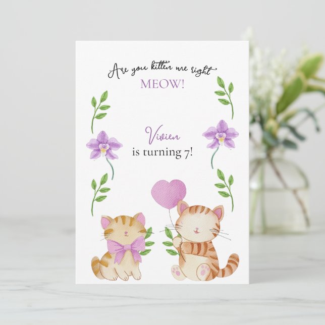 Floral Cat Kids Birthday Party Invitation (Standing Front)