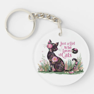 Floral Cat Lover : Just a Girl Who Loves Cats Key Ring