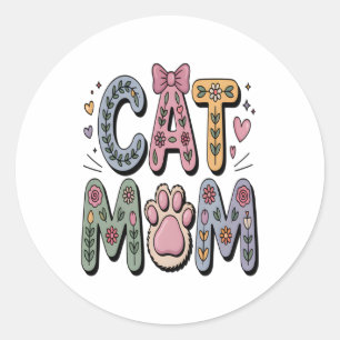 Floral Cat Mom with Paw Print Classic Round Sticker