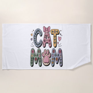 Floral Cat Mum with Paw Print Beach Towel