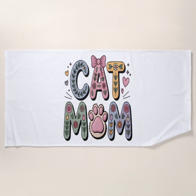 Floral Cat Mum with Paw Print Beach Towel (Front)