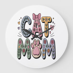 Floral Cat Mum with Paw Print Large Clock
