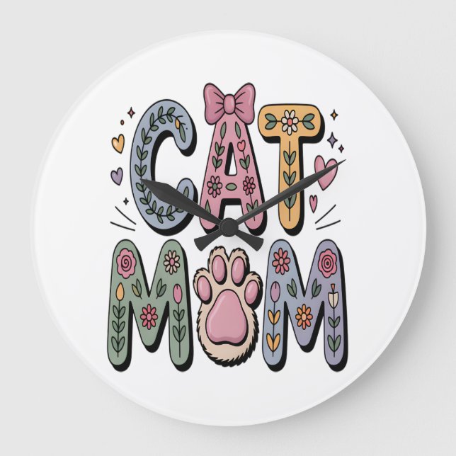 Floral Cat Mum with Paw Print Large Clock (Front)