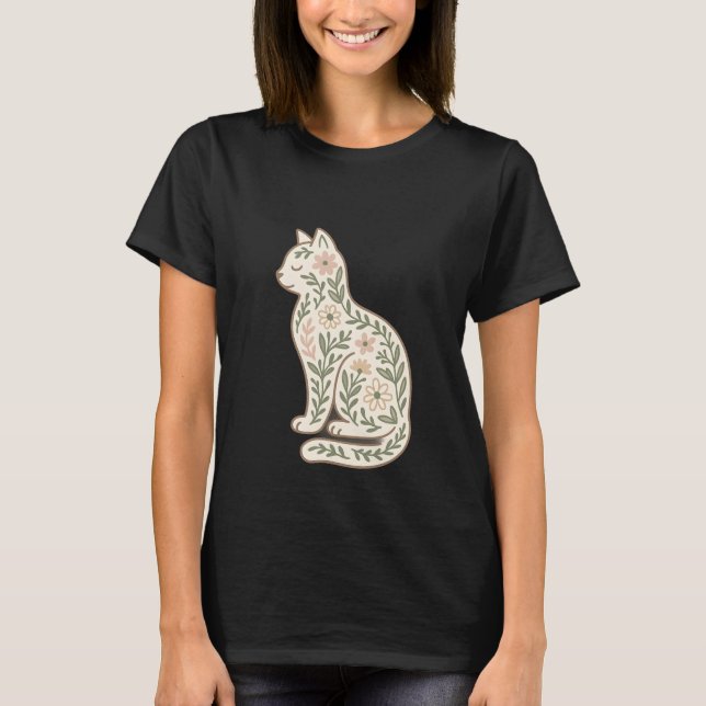Floral Cat Shirt –Pastel Botanical Kitty Silhoutte (Front)