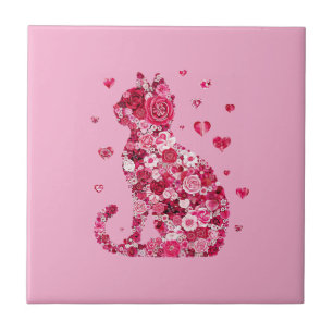 Floral Cat Silhouette ArtFaux Wrapped Canvas Print Ceramic Tile
