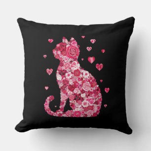 Floral Cat Silhouette ArtFaux Wrapped Canvas Print Cushion