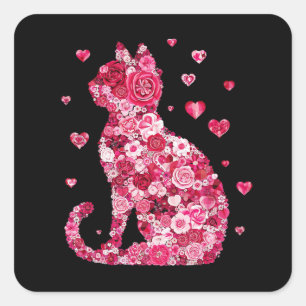 Floral Cat Silhouette ArtFaux Wrapped Canvas Print Square Sticker