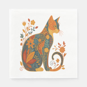 Floral Cat Silhouette – Colourful Vintage Botanica Napkin