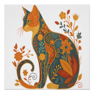 Floral Cat Silhouette � Colourful Vintage Botanica Poster