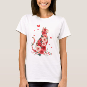 Floral Cat Silhouette Roses Hearts Love T-Shirt