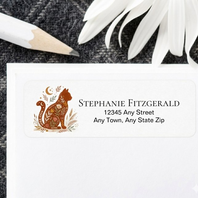 Floral Cat Silhouette Wildflower Nature Lover Gift Return Address Label (Folk art boho cat floral return address label)