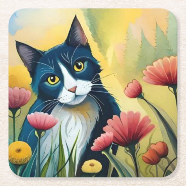 FLoral cat  Square Paper Coaster (Front)