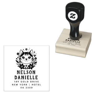 Floral CAT Style Return Address Wooden Rubber  Stamp