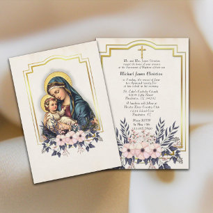 Floral Catholic Baptism Blessed Mother Jesus Invitation