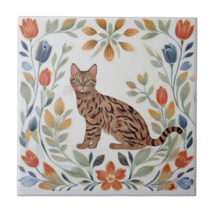 Floral Cats - Bengal Cat Colourful Folk Flowers Ceramic Tile