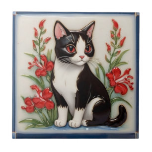 Floral Cats - Black and White Cat & Red Flowers Ceramic Tile