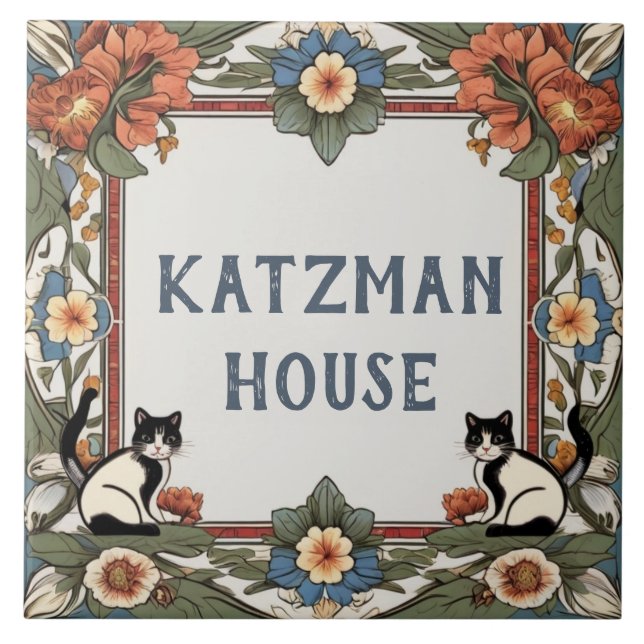 Floral Cats Custom House Name Plate Sign Plaque Ceramic Tile (Front)