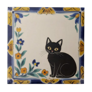 Floral Cats - Cute Black Cat & Orange Flowers Ceramic Tile