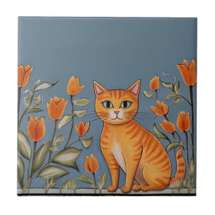 Floral Cats - Ginger Cat & Orange Flowers Cartoon Ceramic Tile