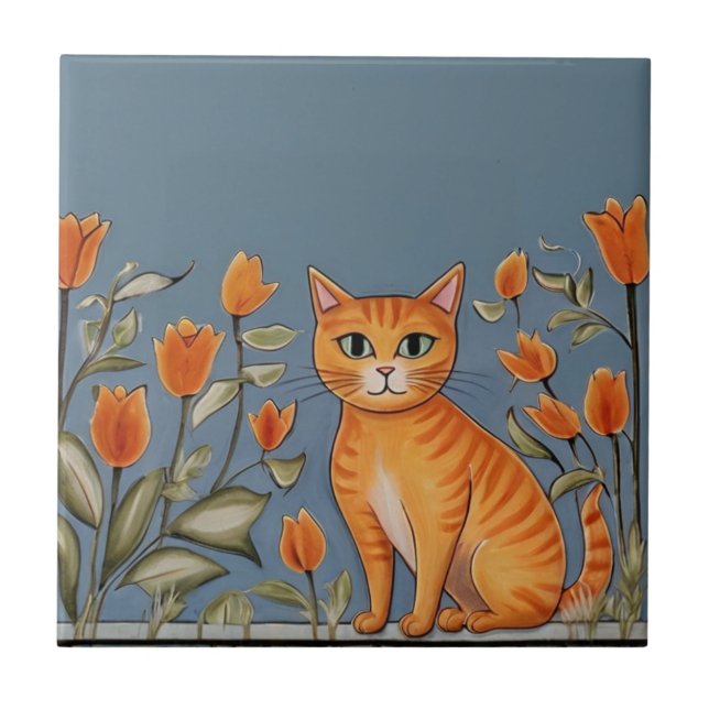 Floral Cats - Ginger Cat & Orange Flowers Cartoon Ceramic Tile (Front)