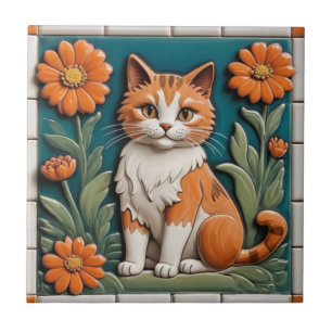 Floral Cats - Ginger Cat & Orange Flowers Garden Ceramic Tile