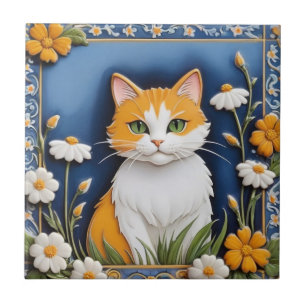 Floral Cats - Ginger Cat Orange White Flowers Blue Ceramic Tile