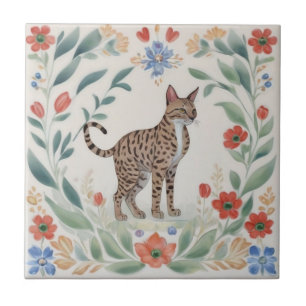 Floral Cats - Savannah Cat Colourful Folk Flowers Ceramic Tile