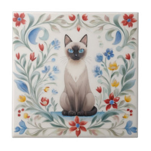 Floral Cats - Siamese Cat Colourful Folk Flowers Ceramic Tile