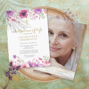 Floral Celebration of Life Christian Funeral Photo Invitation