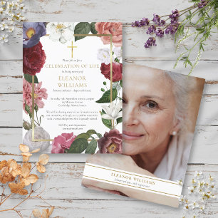 Floral Celebration of Life Gold Cross Photo Announcement Postcard