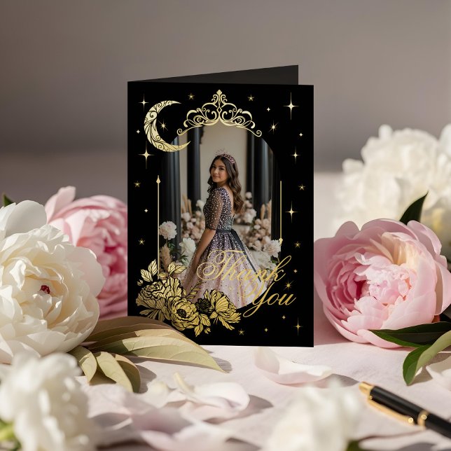 Floral Celestial Moon Stars Quinceañera Thank You Foil Greeting Card (Floral Celestial Moon Stars Quinceañera Thank You Foil Greeting Card (Front))